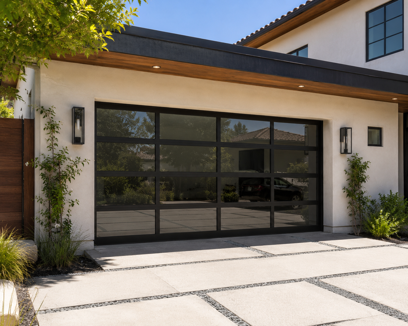 Full view glass storefront garage door on an Oxbow district Napa business